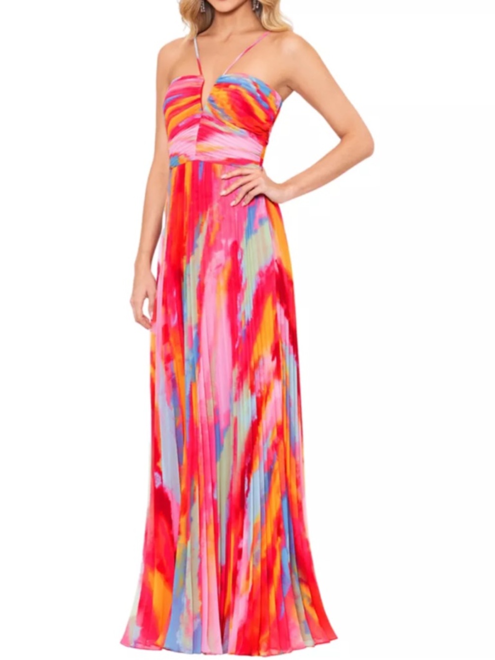 NWT XSCAPE Abstract Sleeveless Halter Neckline Lined Dress Gown Size 16